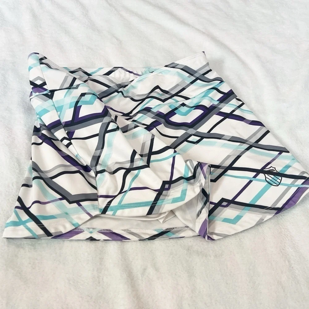 K-SWISS Plaid Skort Lined White Black Blue Purple Women’s Small Pull On Stretchy